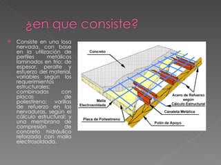 Consiste en una losa nervada, con base en la utilización de perfiles metálicos laminados en frío; de espesor, peralte y esfuerzo del material, variables según los requerimientos estructurales; combinados con placas de poliestireno; varillas de refuerzo en las nervaduras, según el cálculo estructural; y una membrana de compresión de concreto hidráulico reforzada con malla electrosoldada. 