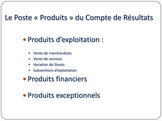 Le Poste « Produits » du Compte de Résultats
 Produits d’exploitation :
 Vente de marchandises
 Vente de services
 Variation de Stocks
 Subventions d’exploitation
 Produits financiers
 Produits exceptionnels
 