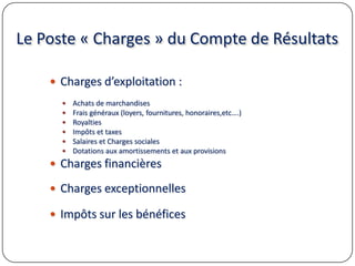Le Poste « Charges » du Compte de Résultats
 Charges d’exploitation :
 Achats de marchandises
 Frais généraux (loyers, fournitures, honoraires,etc….)
 Royalties
 Impôts et taxes
 Salaires et Charges sociales
 Dotations aux amortissements et aux provisions
 Charges financières
 Charges exceptionnelles
 Impôts sur les bénéfices
 