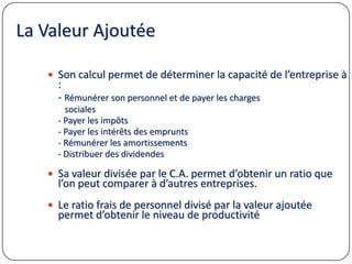 La Valeur Ajoutée
 Son calcul permet de déterminer la capacité de l’entreprise à
:
- Rémunérer son personnel et de payer les charges
sociales
- Payer les impôts
- Payer les intérêts des emprunts
- Rémunérer les amortissements
- Distribuer des dividendes
 Sa valeur divisée par le C.A. permet d’obtenir un ratio que
l’on peut comparer à d’autres entreprises.
 Le ratio frais de personnel divisé par la valeur ajoutée
permet d’obtenir le niveau de productivité
 