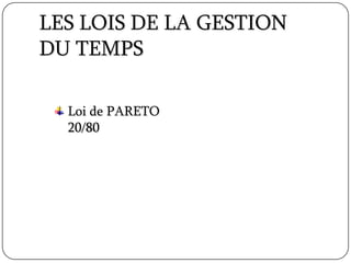 LES LOIS DE LA GESTION
DU TEMPS
Loi de PARETO
20/80
 