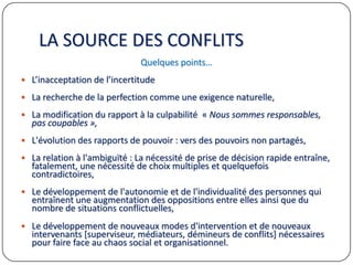 LA SOURCE DES CONFLITS
Quelques points…
 L’inacceptation de l’incertitude
 La recherche de la perfection comme une exigence naturelle,
 La modification du rapport à la culpabilité « Nous sommes responsables,
pas coupables »,
 L'évolution des rapports de pouvoir : vers des pouvoirs non partagés,
 La relation à l'ambiguïté : La nécessité de prise de décision rapide entraîne,
fatalement, une nécessité de choix multiples et quelquefois
contradictoires,
 Le développement de l'autonomie et de l'individualité des personnes qui
entraînent une augmentation des oppositions entre elles ainsi que du
nombre de situations conflictuelles,
 Le développement de nouveaux modes d'intervention et de nouveaux
intervenants [superviseur, médiateurs, démineurs de conflits] nécessaires
pour faire face au chaos social et organisationnel.
 