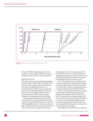 ✱ 5G AND THE EVOLUTION OF LTE
10 ERICSSON TECHNOLOGY REVIEW ✱  JANUARY 31, 2017
Protocol(FTP)downloadbyupto70percent:
aneffectcausedbyafasterTCPbitrateramp-up
thankstotheshorterRTTofdataandresponse.
Signalingreduction
LTEstatetransitionsinvolvesignificantsignaling:
goingfromRRC_IDLEtoRRC_CONNECTED
comprises9transmissionsovertheairinterface.
Twooptionsforsignalingreductionwere
introducedinRel-13:RRCconnectionsuspend/
resumeforusewithUPbaseddatatransferover
dataradiobearers(DRBs)anddataovernon-
accessstratum(DoNAS)forCP-baseddata
transferoverthesignalingradiobearer(SRB).
Thesuspend/resumefeatureallowsthedata
connectiontobesuspendedtemporarilyandthe
contexttobestoredintheRANandcorenetwork
(CN)duringRRC_IDLE.Atthenexttransitionto
RRC_CONNECTED,theconnectionisresumed
withthestoredcontext,significantlyreducing
thesignalingtofourorfivetransmissions.The
DoNASfeatureachievesasimilarreductionof
signalingbyomittingaccessstratum(AS)security
andbytransferringdataovertheCPinsteadof
establishingtraditionalUPradiobearers.
Toaccommodatetheeverincreasingnumber
ofdevices,smalland/orinfrequentdatavolumes
andstricterdelayrequirements,Rel-14andRel-
15aimforfurtherreductionofsignalingbetween
terminalsandnetworknodes(RANandCN).
InRel-14,thesuspend/resumefeatureisbeing
improvedbyreducingthesignalingbetween
thebasestation(BS)andtheCN.InRel-13,the
BS-CNconnectionwasreleasedtogetherwith
theairinterfaceconnection.InRel-14,theBS-CN
connectioncanbekeptwhentheBS-terminal
connectionissuspended.TheRANtakesover
theresponsibilityofpagingtheterminaluponthe
arrivalofDLdata,forexample.
Twoadditionalcontrolplanelatencyreduction
Ping round-trip latency (ms)
120%
100%
80%
60%
40%
20%
0%
<4 5 10 15 20 25 30
LTE Rel-14/15 LTE Rel-13
ShortTTI+FastUL
ShortTTI
FastUL
SRperiodicity1ms
SRperiodicity5msSR
periodicity10m
s
Figure 7 Impact of short TTI and fast UL access on RTT
 