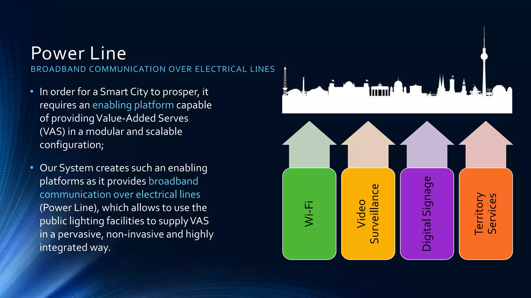 Power Line
BROADBAND COMMUNICATION OVER ELECTRICAL LINES
• In order for a Smart City to prosper, it
requires an enabling platform capable
of providingValue-Added Serves
(VAS) in a modular and scalable
configuration;
• Our System creates such an enabling
platforms as it provides broadband
communication over electrical lines
(Power Line), which allows to use the
public lighting facilities to supplyVAS
in a pervasive, non-invasive and highly
integrated way.
Wi-Fi
Video
Surveillance
DigitalSignage
Territory
Services
 