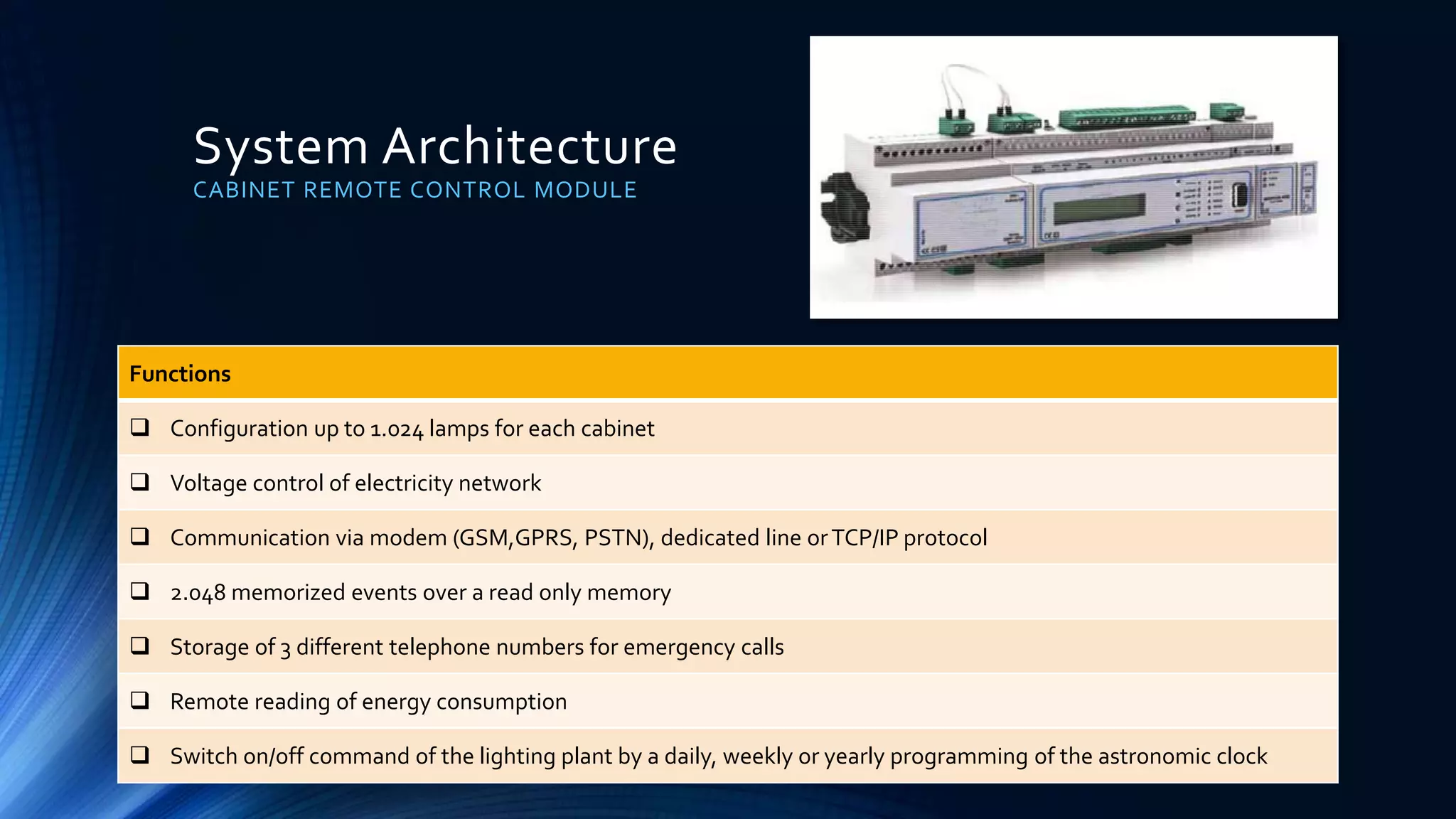 System Architecture
CABINET REMOTE CONTROL MODULE
Functions
 Configuration up to 1.024 lamps for each cabinet
 Voltage control of electricity network
 Communication via modem (GSM,GPRS, PSTN), dedicated line orTCP/IP protocol
 2.048 memorized events over a read only memory
 Storage of 3 different telephone numbers for emergency calls
 Remote reading of energy consumption
 Switch on/off command of the lighting plant by a daily, weekly or yearly programming of the astronomic clock
 