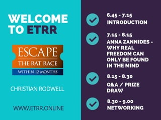 WELCOME
TO ETRR
INTRODUCTION 
ANNA ZANNIDES -
WHY REAL
FREEDOM CAN
ONLY BE FOUND
IN THE MIND
WWW.ETRR.ONLINE
6.45 - 7.15
7.15 - 8.15
8.15 - 8.30
Q&A / PRIZE
DRAW
8.30 - 9.00
NETWORKING
CHRISTIAN RODWELL
 