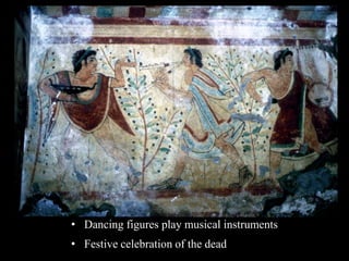 • Dancing figures play musical instruments
• Festive celebration of the dead
 