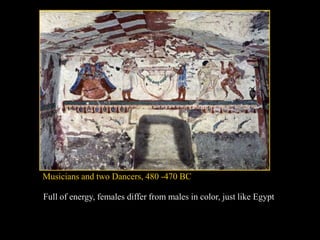 Musicians and two Dancers, 480 -470 BC
Full of energy, females differ from males in color, just like Egypt
 