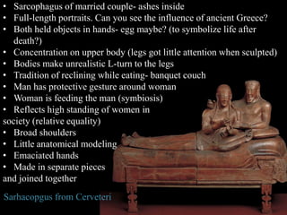 • Sarcophagus of married couple- ashes inside
• Full-length portraits. Can you see the influence of ancient Greece?
• Both held objects in hands- egg maybe? (to symbolize life after
death?)
• Concentration on upper body (legs got little attention when sculpted)
• Bodies make unrealistic L-turn to the legs
• Tradition of reclining while eating- banquet couch
• Man has protective gesture around woman
• Woman is feeding the man (symbiosis)
• Reflects high standing of women in
society (relative equality)
• Broad shoulders
• Little anatomical modeling
• Emaciated hands
• Made in separate pieces
and joined together
Sarhacopgus from Cerveteri
 