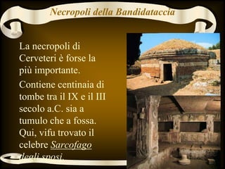 Necropoli della Bandidataccia
La necropoli di
Cerveteri è forse la
più importante.
Contiene centinaia di
tombe tra il IX e il III
secolo a.C. sia a
tumulo che a fossa.
Qui, vifu trovato il
celebre Sarcofago
degli sposi.
 