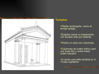 Templos: Planta rectangular, como el templo griego. Erigidos sobre un basamento, con acceso sólo por delante. Pórtico  in antis  con columnas. Columnas de orden dórico pero con fuste liso y sobre basa: orden toscano. A veces una cella dividida en 3: Tríada capitolina 