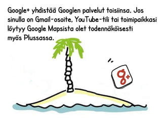 Google+ yhdistää Googlen palvelut toisiinsa. Jos 
sinulla on Gmail-osoite, YouTube-tili tai toimipaikkasi 
löytyy Google Mapsista olet todennäköisesti 
myös Plussassa. 
 