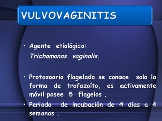 Agente  etiológico:  Trichomonas  vaginalis .  Protozoario flagelado se conoce  solo la forma de trofozoíto, es activamente móvil posee  5  flagelos . Periodo  de incubación de 4 días a 4 semanas . 