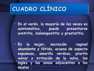 En el varón, la mayoría de las veces es asintomático, puede presentarse uretritis, balanopostitis y prostatitis. En la mujer, secreción  vaginal abundante y fétida, acuosa de aspecto espumoso, amarillo verdoso, prurito vulvar o irritación de la vulva, las ingles y las zonas adyacentes a los muslos . 