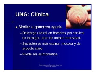UNG: Clínica

 Similar a gonorrea aguda
 – Descarga uretral en hombres y/o cervical
   en la mujer, pero de menor intensidad.
 – Secreción es más escasa, mucosa y de
   aspecto claro.
 – Puede ser asintomática.


             Enfermedades de Transmisión Sexual en el
                      Servicio de Urgencia
 