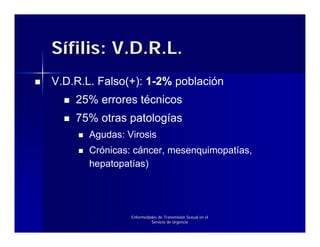 Sífilis: V.D.R.L.
V.D.R.L. Falso(+): 1-2% población
    25% errores técnicos
    75% otras patologías
       Agudas: Virosis
       Crónicas: cáncer, mesenquimopatías,
       hepatopatías)




                Enfermedades de Transmisión Sexual en el
                         Servicio de Urgencia
 
