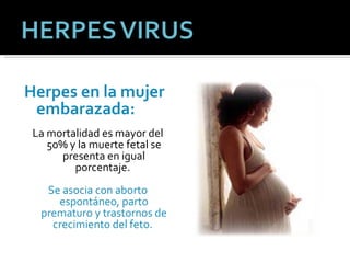 Herpes en la mujer embarazada:   La mortalidad es mayor del 50% y la muerte fetal se presenta en igual porcentaje.  Se asocia con aborto espontáneo, parto prematuro y trastornos de crecimiento del feto.   