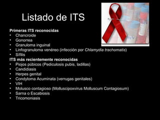 Listado de ITS Primeras ITS reconocidas Chancroide  Gonorrea Granuloma inguinal  Linfogranuloma venéreo (infección por  Chlamydia trachomatis )  Sífilis  ITS más recientemente reconocidas Piojos púbicos (Pediculosis pubis, ladillas)  Candidiasis  Herpes genital  Condyloma Acuminata (verrugas genitales)  VIH  Molusco contagioso (Molluscipoxvirus Molluscum Contagiosum)  Sarna o Escabiosis  Tricomoniasis  