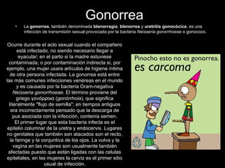 Gonorrea La  gonorrea , también denominada  blenorragia ,  blenorrea  y  uretritis gonocócica , es una infección de transmisión sexual provocada por la bacteria  Neisseria gonorrhoeae  o gonococo.  Ocurre durante el acto sexual cuando el compañero está infectado, no siendo necesario llegar a eyacular; en el parto si la madre estuviese contaminada; o por contaminación indirecta si, por ejemplo, una mujer usara artículos de higiene íntima de otra persona infectada. La gonorrea está entre las más comunes infecciones venéreas en el mundo y es causada por la bacteria Gram-negativa  Neisseria gonorrhoeae . El término proviene del griego γονόρροια ( gonórrhoia ), que significa literalmente "flujo de semilla"; en tiempos antiguos era incorrectamente pensado que la descarga de pus asociada con la infección, contenía semen. El primer lugar que esta bacteria infecta es el epitelio columnar de la uretra y endocervix. Lugares no genitales que también son atacados son el recto, la faringe y la conjuntiva de los ojos. La vulva y la vagina en las mujeres son usualmente también afectadas puesto que están ligadas con las celulas epiteliales, en las mujeres la cerviz es el primer sitio usual de infección. 