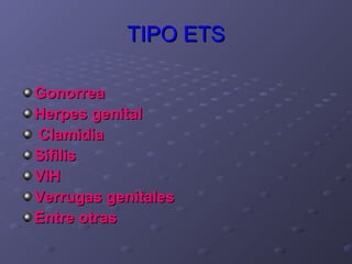 TIPO ETS

Gonorrea
Herpes genital
Clamidia
Sífilis
VIH
Verrugas genitales
Entre otras
 