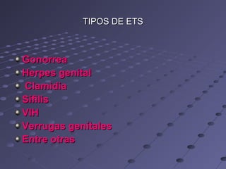 TIPOS DE ETS



Gonorrea
Herpes genital
Clamidia
Sífilis
VIH
Verrugas genitales
Entre otras
 