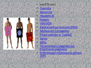 • Los ETS son:
• Clamidia
• Gonorrea
• Hepatitis B
• Herpes
• VIH/SIDA
• Papilomavirus Humano (PVH)
• Molluscum Contagioso
• Piojos púbicos o “Ladilla”
• Sarna
• Sífilis
• Tricomoniasis (Vaginitis por
tricomonas vaginalis)
• Enfermedad inflamatoria pélvica
(EIP)
 