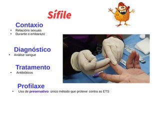 Sífile
Contaxio
●
Relacións sexuais
●
Durante o embarazo
Diagnóstico
●
Análise sangue
Tratamento
●
Antibióticos
Profilaxe
●
Uso de preservativo: único método que protexe contra as ETS
 