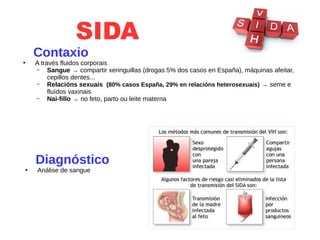 SIDA
Contaxio
●
A través fluidos corporais
– Sangue → compartir xeringuillas (drogas 5% dos casos en España), máquinas afeitar,
cepillos dentes...
– Relacións sexuais (80% casos España, 29% en relacións heterosexuais) → seme e
fluídos vaxinais
– Nai-fillo → no feto, parto ou leite materna
Diagnóstico
●
Análise de sangue
 