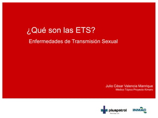 Perú Corp. S.A.Perú Corp. S.A.
ETS
¿Qué son las ETS?
Enfermedades de Transmisión Sexual
Julio César Valencia Manrique
Médico Tópico Proyecto Kimaro
Perú Corp. S.A.
 