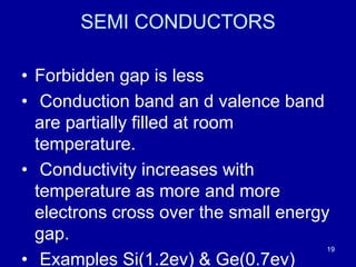 19
SEMI CONDUCTORS
• Forbidden gap is less
• Conduction band an d valence band
are partially filled at room
temperature.
• Conductivity increases with
temperature as more and more
electrons cross over the small energy
gap.
• Examples Si(1.2ev) & Ge(0.7ev)
 