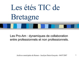 Les étés TIC de Bretagne Les Pro-Am : dynamiques de collaboration entre professionnels et non professionnels. Archives municipales de Rennes - Jocelyne Denis-Gouyette - 04/07/2007 