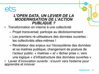 L’OPEN DATA, UN LEVIER DE LA
     MODERNISATION DE L’ACTION
CLIQUEZ POUR MODIFIER LE STYLE
DU TITRE    PUBLIQUE ?
• Transformation en interne à une collectivité
   – Projet pour modifier les styles du texte du
• Cliquez transversal; participe au décloisonnement
   – Les
masque premiers ré-utilisateurs des données ouvertes :
   – les collectivités elles-mêmes !
     Deuxième niveau
   – Révélateur des enjeux sur l’écosystème des données
       • Troisième niveau
     et sa maitrise publique; changement de posture de
           – Quatrième niveau
     l’acteur public: « maitrise » et « lâcher prise »; vers
               » Cinquième niveau
     une logique « d’infrastructure des données ouvertes »
• Levier d’innovation ouverte : s'ouvrir vers l'externe pour
apprendre et innover
                                                               9
 