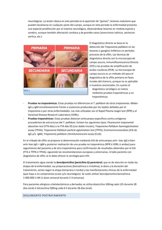 neurológicas .La lesión clásica en este periodo es la aparición de “gomas”, lesiones nodulares que
pueden localizarse en cualquier parte del cuerpo, aunque en este periodo la enfermedad presenta
una especial predilección por el sistema neurológico, observándose lesiones en medula espinal y
cerebro, aunque también afectación cardiaca y de grandes vasos (aneurismas luéticos, aectacion
aortica, etc.)
El diagnóstico directo se basa en la
detección del Treponema pallidum en las
lesiones o ganglios linfáticos en períodos
precoces de la sífilis. Las técnicas de
diagnóstico directo son la microscopía de
campo oscuro, Inmunofluorescencia Directa
(IFD) y las pruebas de amplificación de
ácidos nucléicos (PCR). La microscopía de
campo oscuro es un método útil para el
diagnóstico de la sífilis primaria en fases
inciales del chancro, aunque no es aplicable
a muestras anorectales. En cuanto al
diagnóstico serológico se realiza
mediante pruebas treponémicas y no
treponémicas:
- Pruebas no treponémicas: Estas pruebas no diferencian el T. pallidum de otros treponemas. Miden
IgG y IgM simultáneamente frente a sustancias producidas por los tejidos dañados por el
treponema o por otras enfermedades. Las más utilizadas son el Rapid Plasma reagin test (RPR) y el
Venereal Disease Research Laboratory (VDRL).
- Pruebas treponémicas: Estas pruebas detectan anticuerpos específicos contra antígenos
procedentes de estructuras del T. pallidum. Existen los siguientes tipos: Fluorescent treponemal
absortion test (FTA-Abs) o la FTA-Abs DS (con doble tinción); Treponema Pallidum haemaglutination
assay (TPHA); Treponema Pallidum particle aglutination test (TPPA); Enzimoinmunoanálisis (EIA de
IgG y/o IgM); Treponema pallidum chemiluminescent assay (CLIA).
En el cribado de sífilis se propone la determinación mediante EIA de anticuerpos anti– lúes IgG o bien
anti–lúes IgG + IgM y posterior realización de una prueba no treponémica (RPR ó VDRL ó ambas) para
seguimiento del paciente y de otra treponémica para confirmación de resultados obtenidos por el EIA
(FTA ó TPPA ó TPHA), siguiendo las recomendaciones europeas y americanas. A todo paciente con
diagnóstico de sífilis se le debe ofrecer la serología para VIH.
El tratamiento sigue siendo la bencilpenicilina (penicilina G) parenteral, que es de elección en todas las
etapas de la enfermedad. Las preparaciones (benzatínica o cristalina), la dosis y la duración del
tratamiento, varían según la etapa (temprana o tardía) y las manifestaciones clínicas de la enfermedad
(que haya o no compromiso ocular y/o neurológico). Se suele utilizar bencilpenicilina benzatínica
2.400.000 U IM (1 dosis semanal durante 2-3 semanas).
Para pacientes alérgicos a betalactámicos y derivados se utiliza doxiciclina 100mg cada 12h durante 28
días (oral) ó tetraciclina 500mg cada 6 h durante 28 días (oral).
SEGUIMIENTO POSTRATAMIENTO
Sífilis 1
 