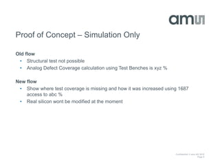 Confidential © ams AG 2015
Page 9
Proof of Concept – Simulation Only
Old flow
• Structural test not possible
• Analog Defect Coverage calculation using Test Benches is xyz %
New flow
• Show where test coverage is missing and how it was increased using 1687
access to abc %
• Real silicon wont be modified at the moment
 