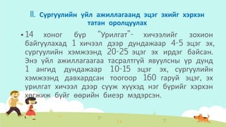 II. Сургуулийн үйл ажиллагаанд эцэг эхийг хэрхэн
татан оролцуулах
 14 хоног бүр “Урилгат”- хичээлийг зохион
байгуулахад 1 хичээл дээр дундажаар 4-5 эцэг эх,
сургуулийн хэмжээнд 20-25 эцэг эх ирдэг байсан.
Энэ үйл ажиллагаагаа тасралтгүй явуулсны үр дүнд
1 ангид дундажаар 10-15 эцэг эх, сургуулийн
хэмжээнд давхардсан тоогоор 160 гаруй эцэг, эх
урилгат хичээл дээр сууж хүүхэд нэг бүрийг хэрхэн
хөгжиж буйг өөрийн биеэр мэдэрсэн.
 