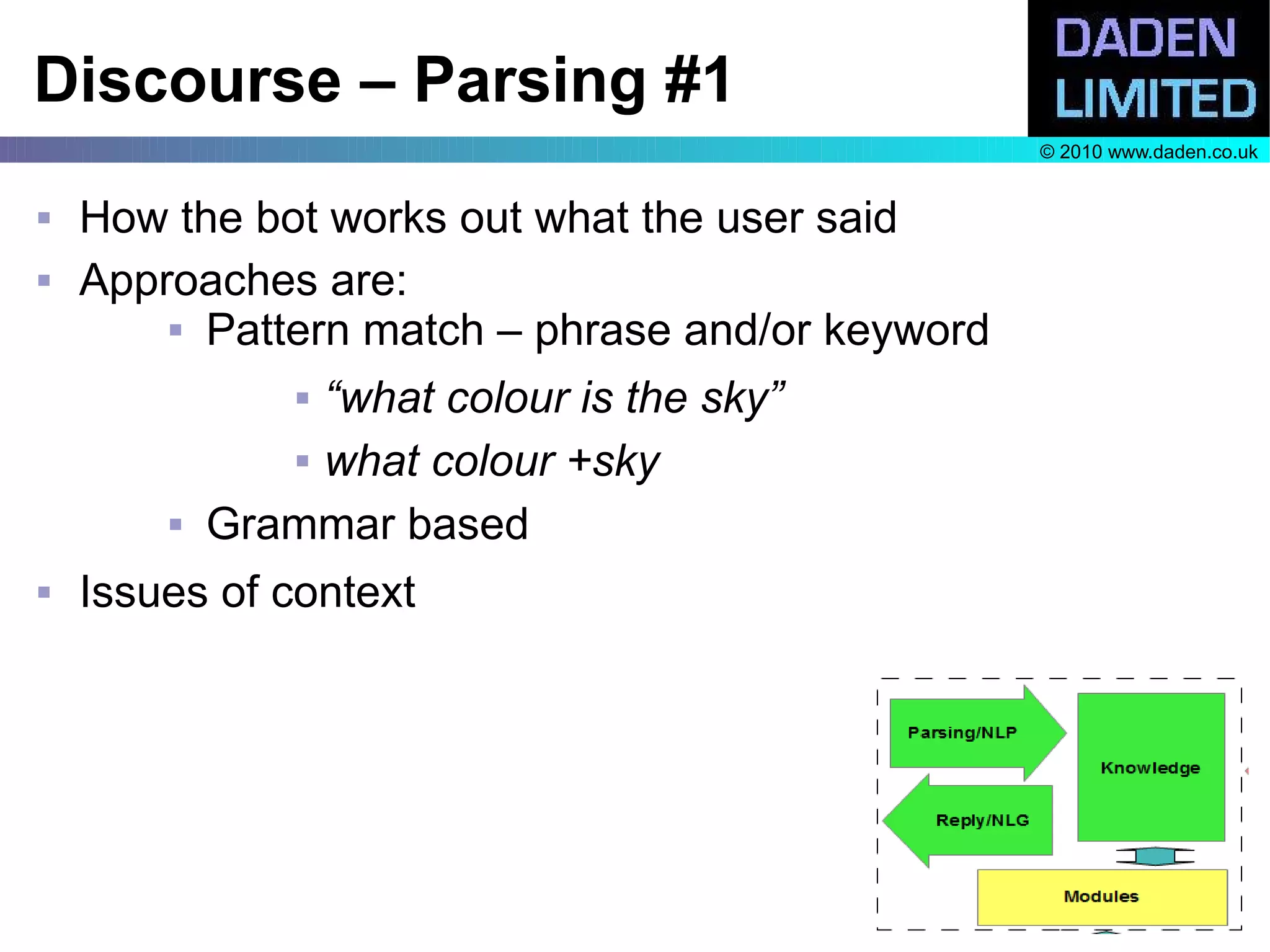 Discourse – Parsing #1
                                                  © 2010 www.daden.co.uk


   How the bot works out what the user said
   Approaches are:
         Pattern match – phrase and/or keyword


                “what colour is the sky”
                what colour +sky


           Grammar based
   Issues of context
 