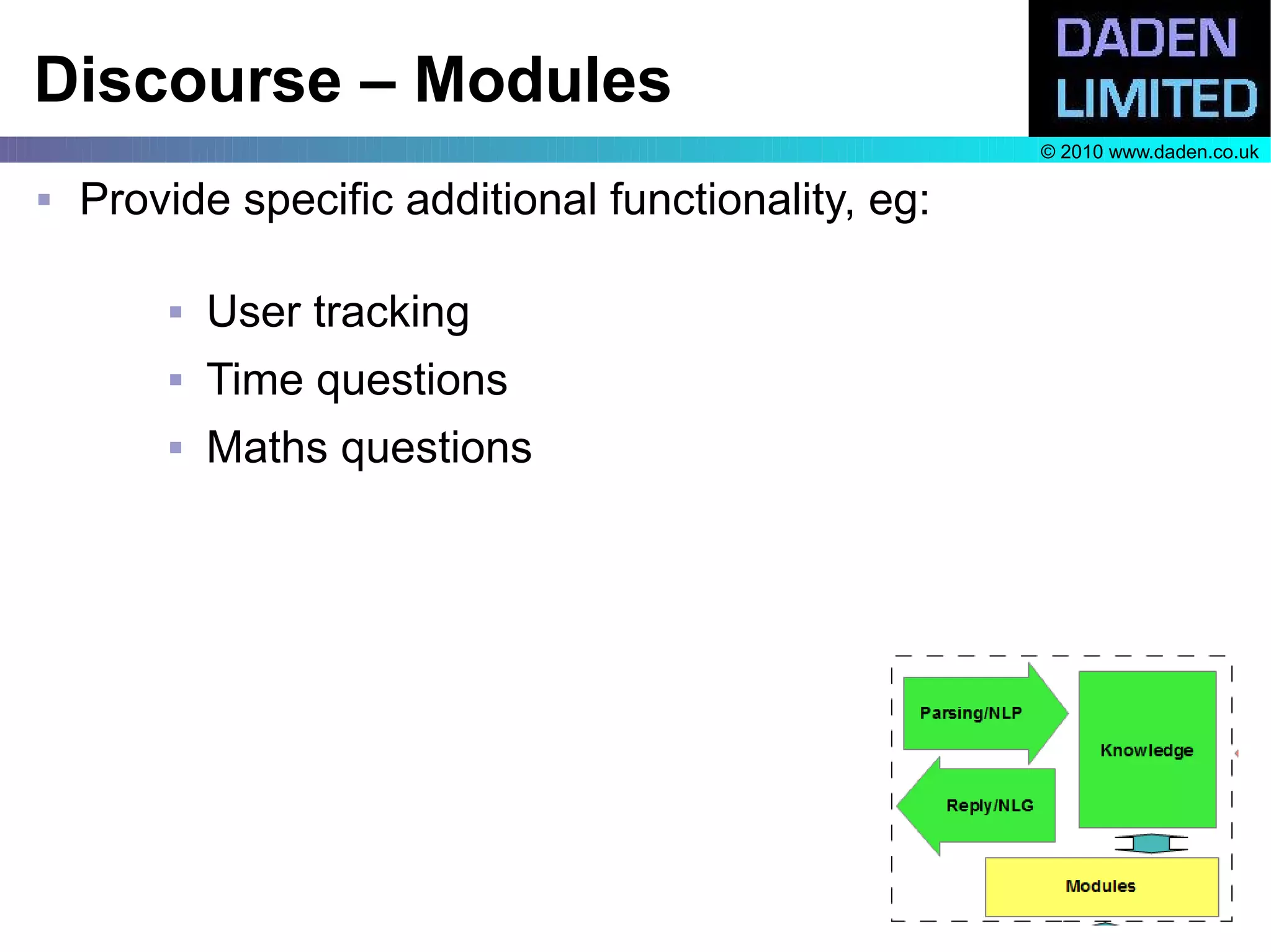 Discourse – Modules
                                                     © 2010 www.daden.co.uk

   Provide specific additional functionality, eg:

           User tracking
           Time questions
           Maths questions
 