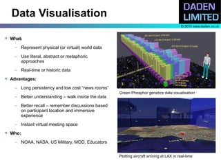 Data Visualisation
                                                                                           © 2010 www.daden.co.uk


   What:
     – Represent physical (or virtual) world data

     – Use literal, abstract or metaphoric
       approaches
     – Real-time or historic data
   Advantages:
     – Long persistency and low cost “news rooms”
                                                     Green Phosphor genetics data visualisation
     – Better understanding – walk inside the data

     – Better recall – remember discussions based
       on participant location and immersive
       experience
     – Instant virtual meeting space
   Who:
     – NOAA, NASA, US Military, MOD, Educators


                                                     Plotting aircraft arriving at LAX in real-time
 
