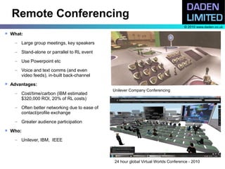 Remote Conferencing
                                                                                      © 2010 www.daden.co.uk
   What:
     – Large group meetings, key speakers

     – Stand-alone or parrallel to RL event

     – Use Powerpoint etc

     – Voice and text comms (and even
       video feeds), in-built back-channel
   Advantages:
                                                Unilever Company Conferencing
     – Cost/time/carbon (IBM estimated
       $320,000 ROI, 20% of RL costs)
     – Often better networking due to ease of
       contact/profile exchange
     – Greater audience participation
   Who:
     – Unilever, IBM, IEEE



                                                24 hour global Virtual Worlds Conference - 2010
 