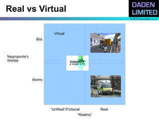 Real vs Virtual
                                                          © 2010 www.daden.co.uk




                         Virtual
                 Bits



Negroponte's
Worlds




               Atoms




                        “UnReal”/Fictional         Real
                                        “Realms”
 