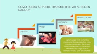 COMO PUEDO SE PUEDE TRANSMITIR EL VIH AL RECIEN
NACIDO?
EMBARAZO
PARTO
LACTANCIA
TRANSFUCIONES
vigilar carga viral, tomar los
medicamentos apropiados, evitar
relaciones sexuales de riesgo
durante el embarazo, tener una
cesárea si tu carga viral es
demasiado alta y no amamantar.
 