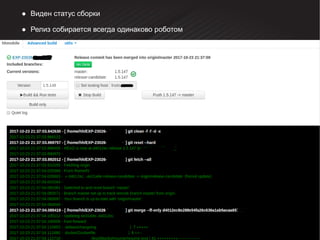 ● Виден статус сборки
● Релиз собирается всегда одинаково роботом
 