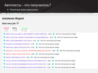 Автотесты - что получилось?
● Понятные всем результаты
 