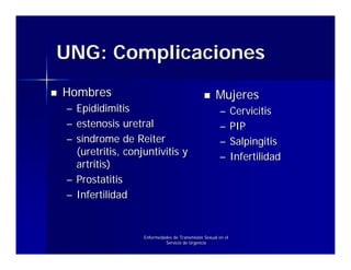 UNG: Complicaciones
Hombres                                             Mujeres
– Epididimitis                                       –       Cervicitis
– estenosis uretral                                  –       PIP
– síndrome de Reiter                                 –       Salpingitis
  (uretritis, conjuntivitis y                        –       Infertilidad
  artritis)
– Prostatitis
– Infertilidad


                  Enfermedades de Transmisión Sexual en el
                           Servicio de Urgencia
 