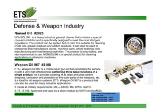 Defense & Weapon Industry
Nonsol ® 6 #2925
NONSOL ®6: is a heavy industrial general cleaner that contains a special
corrosion inhibitor and is specifically designed to meet the most stringent
regulations. The product can be applied hot or cold. It is suitable for cleaning
crude oils, grease residues and carbon residues. It can also be used in
companies that manufacture valves, machine parts, wheel bearings, tool
manufacturing and maintenance activities. The product is long-lasting, and
very economical to use. NONSOL®6 is a special product for cleaning
applications in ultrasonic machines.
Water hazard class - 0
Weapon Oil 967 #3108
ETS - Weapon Oil 967 is a mobile liquid gun oil that penetrates the surface
in with a very high effectiveness combining three basic functions in a
single product. As it provides cleaning of all large and small calibre
weapons, lubrication and protection of the outer parts of the weapons, etc.
it is ideal for all weapon systems. ETS- Weapon Oil 967 is a product that
can also be used for many industrial applications.
It meets all military requirements. MIL-L-63460, MIL SPEC. NATO-
S-761 S-758. Approved and used as a stock product by NATO and NAMSA.
Water hazard class – 0
Copyright by ETS Ekolojik Teknolojik Temizlik Çözümleri LTD.ŞTİ 2011 - 2018
NATO STOCK NUMBER (NSN)
Nato Code : S-761
NSN: 9150-01-364-6442 120 ml
NSN: 9150-01-369-4228 1000ml
NSN: 9150-01-381-5558 5 litre .
 