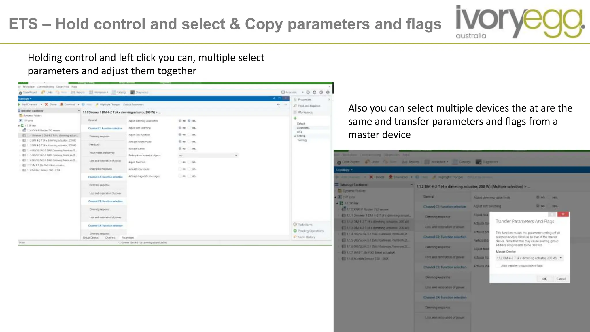 ETS – Hold control and select & Copy parameters and flags
Holding control and left click you can, multiple select
parameters and adjust them together
Also you can select multiple devices the at are the
same and transfer parameters and flags from a
master device
 