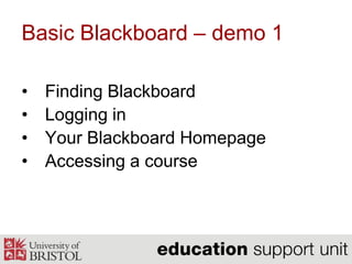 Session overviewThis induction should help you answer the following questions:What is a VLE?What might I have to do in Blackboard for my ETS masters course?Where can I get help?Do you have any other questions you would like answered?