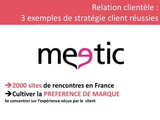 Relation clientèle :
3 exemples de stratégie client réussies
2000 sites de rencontres en France
Cultiver la PREFERENCE DE MARQUE
Se concentrer sur l’expérience vécue par le client
 