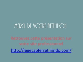 Merci de votre attention
Retrouvez cette présentation sur
votre site professionnel
http://legecapferret.jimdo.com/
 