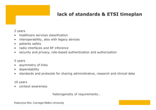 lack of standards & ETSI timeplan
2 years
• healthcare services classification
• interoperability, also with legacy device...